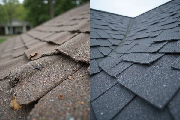 Before and after roof replacement showing worn shingles replaced with new dimensional asphalt