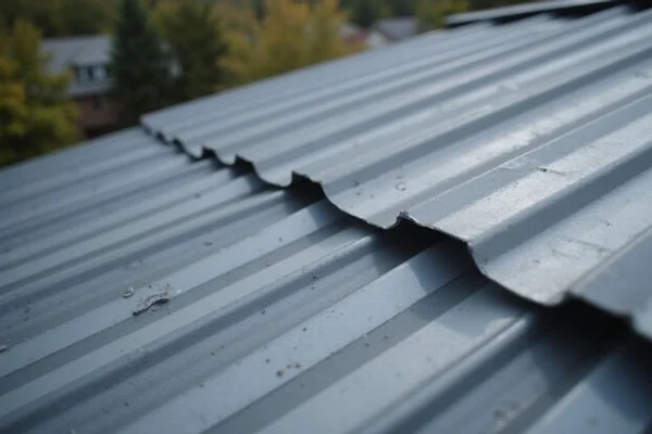 Close-up detail of standing seam metal roofing with raised seams and concealed fasteners