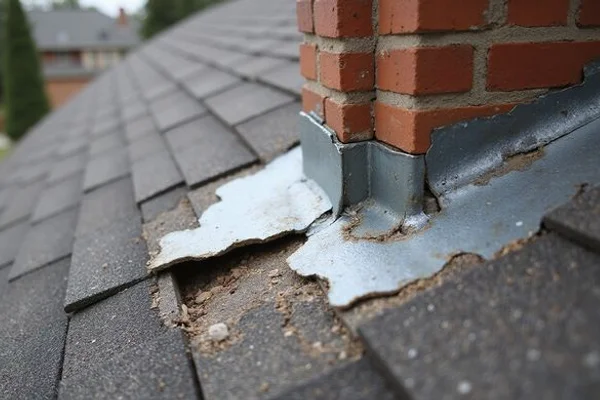 Close-up inspection of cracked flashing identified as the leak source