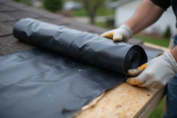 Ice and water shield underlayment being installed along roof eaves