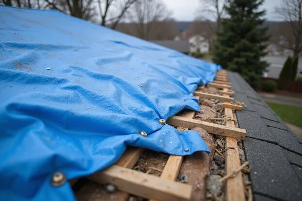 Emergency tarp securely fastened over missing shingles preventing water entry