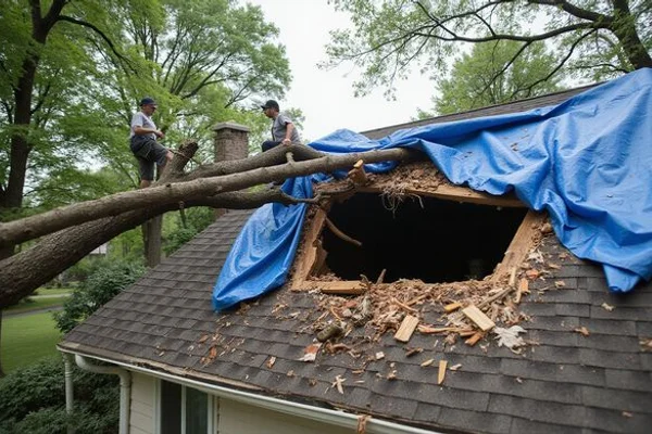 Fallen tree branch damage being covered by Rooferly emergency tarp installation