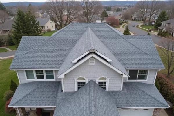Finished roof replacement with new ridge vent and drip edge on a two-story home