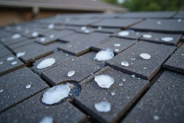 Hail damage showing circular impact marks and granule loss on asphalt shingles