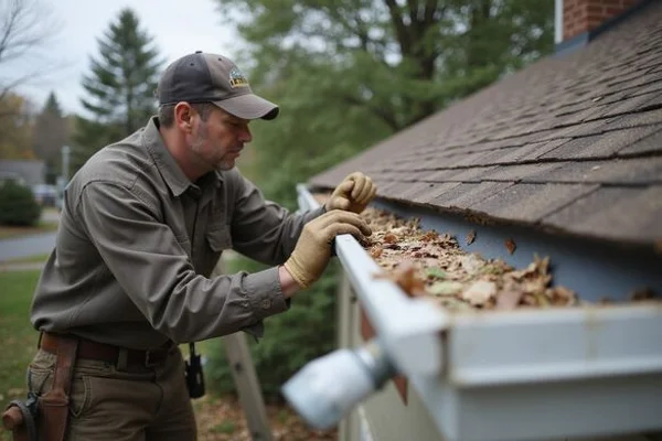 Inspector checking gutter condition as part of a comprehensive roofing evaluation