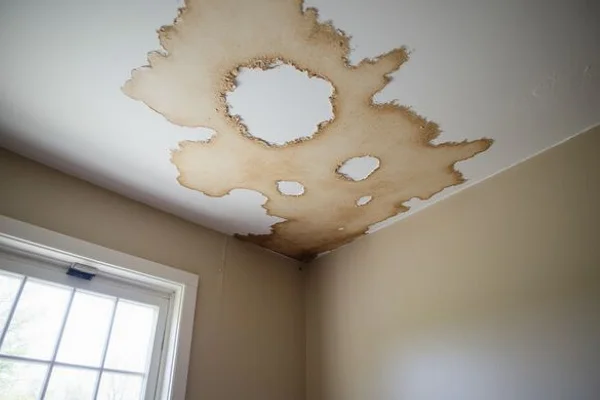 Interior ceiling showing water stains caused by an undetected roof leak