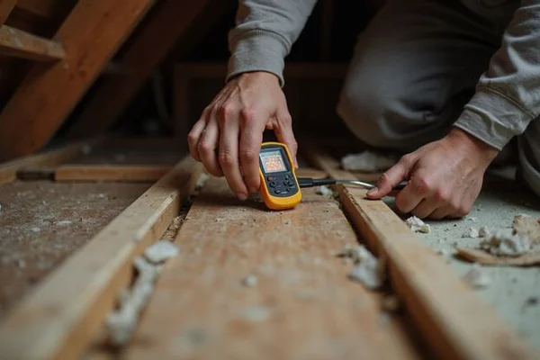 Moisture meter detecting hidden water infiltration on attic decking