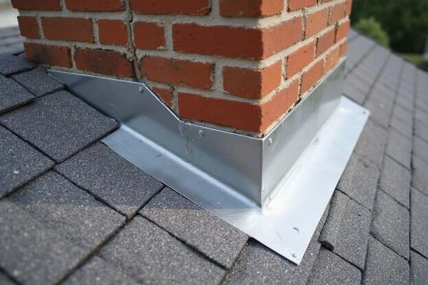 Professional repair of deteriorated roof flashing around a brick chimney