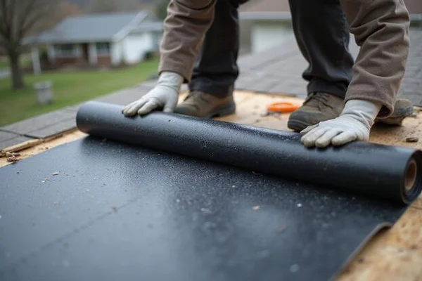 Professional roofing crew installing ice and water shield underlayment