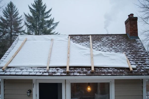 Emergency roof tarp protecting a home through winter until permanent repairs