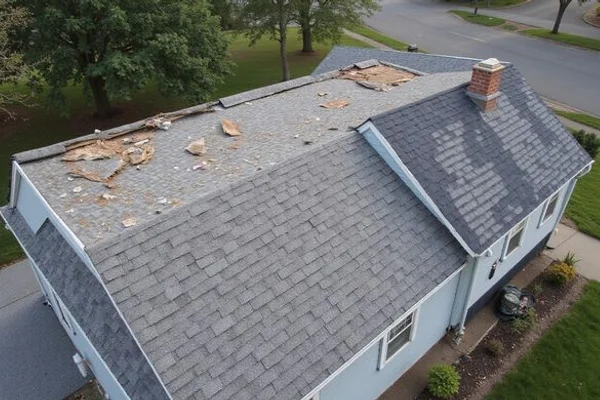 Restored roof after complete storm damage repair with new shingles and flashing