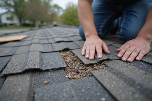 Inspector examining aging asphalt shingles for granule loss and curling