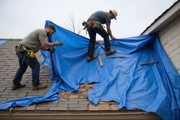 Rooferly crew installing emergency tarp over storm-damaged roof section
