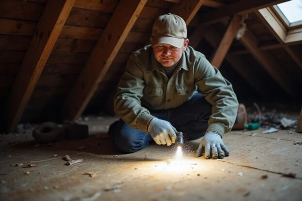 Inspector examining attic space for moisture trails and water entry points
