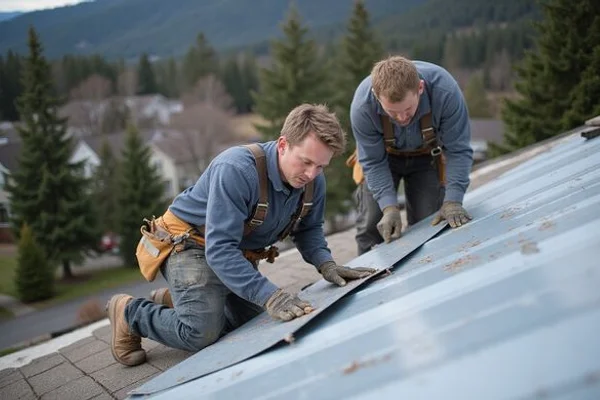 Installation crew fitting custom-cut standing seam metal panels on a steep pitch roof