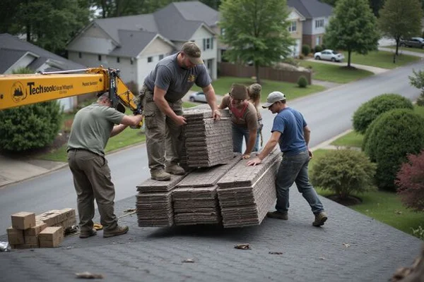 Rooferly team loading premium architectural shingles onto a residential roof