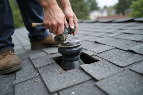 Technician sealing a roof penetration around a plumbing vent pipe