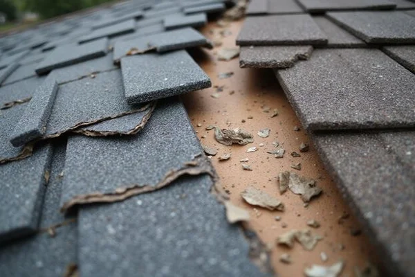 Storm damage repair showing before and after shingle replacement