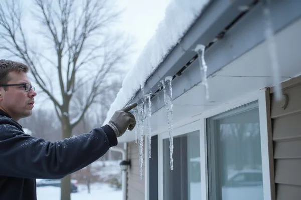 Winter roof inspection checking for ice dam damage