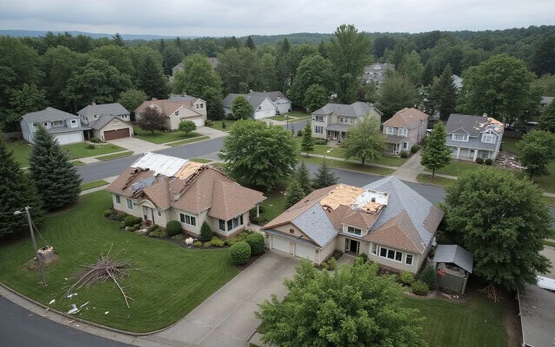 Aerial view of a Saratoga Springs neighborhood after a severe storm showing multiple homes with visible roof damage and debris scattered across yards