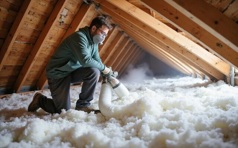 Attic insulation upgrade with blown-in fiberglass to prevent heat loss and ice dams
