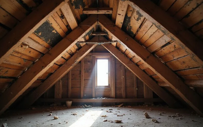 Attic interior with moisture damage on rafters and mold growth near a roof gap