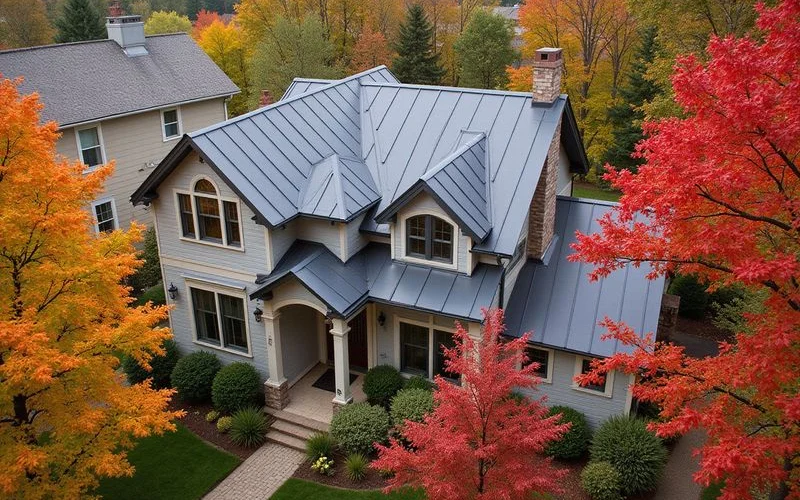 Charcoal colored standing seam metal roof on a two story Saratoga Springs home surrounded by fall foliage showing how metal roofing complements traditional architecture