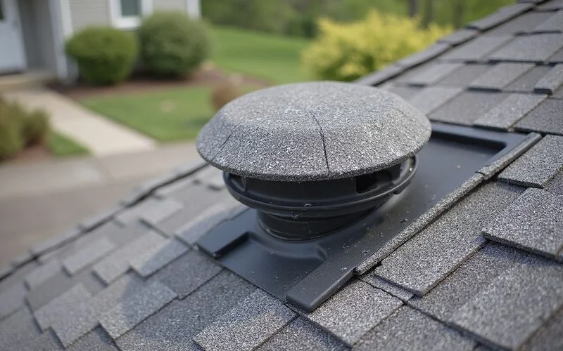 Close-up of continuous ridge vent installed along residential roof peak with cap shingles