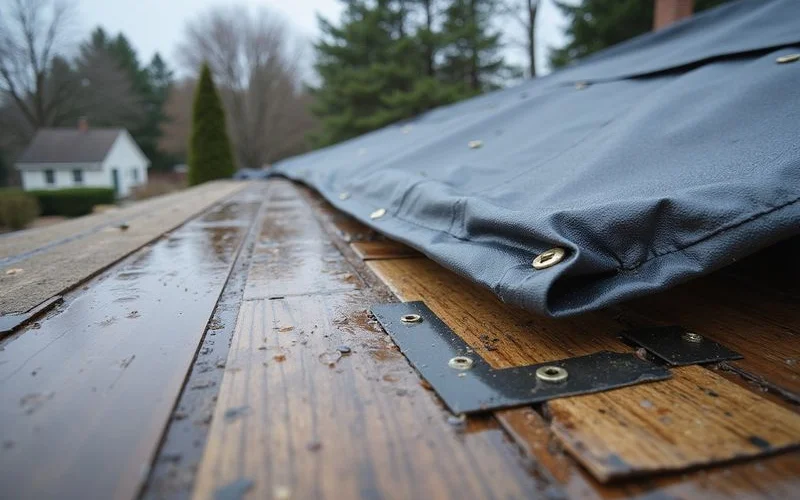 Close up view of a professionally installed emergency tarp showing secure furring strip attachment and proper overlap protecting a damaged roof area