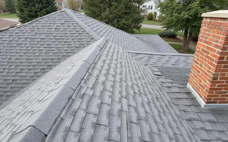 Completed new roof installation with clean ridge cap and properly installed flashing around chimney on a beautiful Saratoga Springs neighborhood home