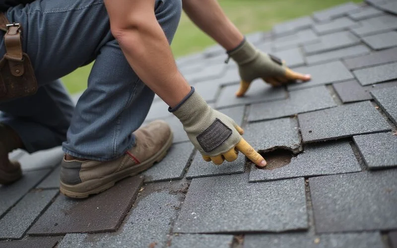 Contractor pointing to localized shingle damage that is a candidate for targeted repair