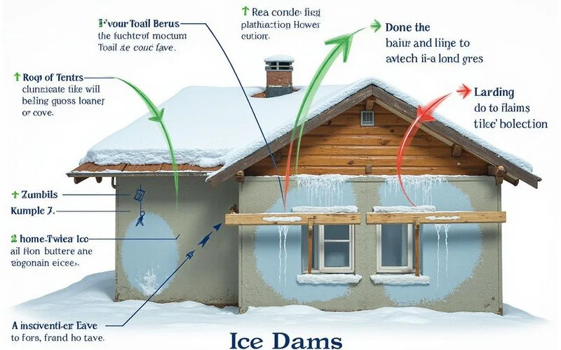 Cross-section diagram showing how ice dams form from warm attic air melting snow at cold eaves