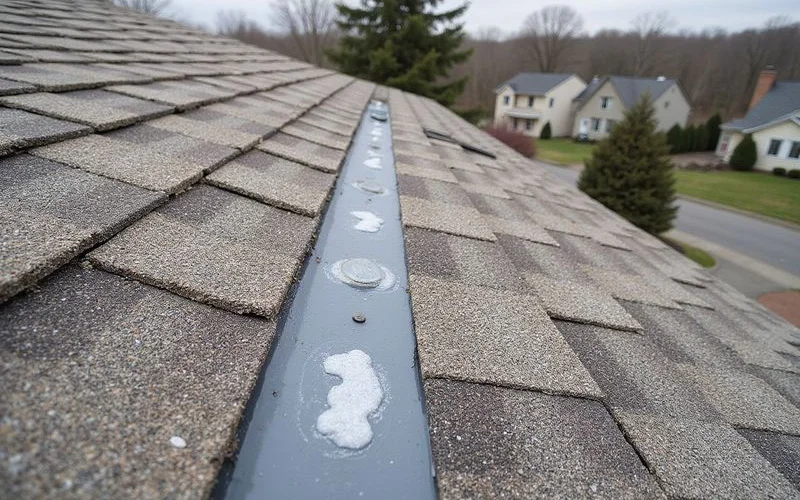 Finished roof repair showing new matching shingles perfectly integrated with existing roof surface and fresh sealant around all penetration points