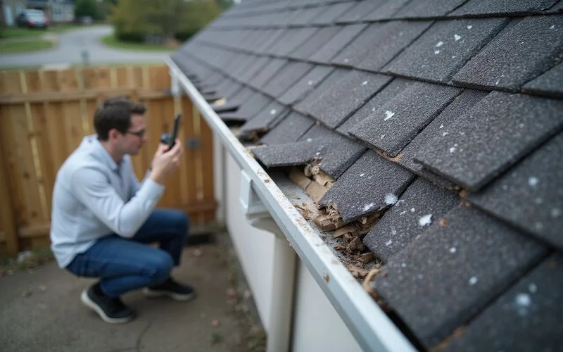 Homeowner photographing hail-damaged shingles and gutters with a smartphone