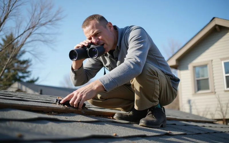 Homeowner using binoculars to inspect roof ridge and flashing from ground level on a spring day