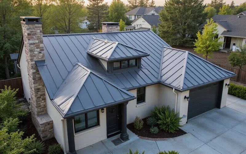 Modern residential home with elegant charcoal standing seam metal roof showing clean vertical lines