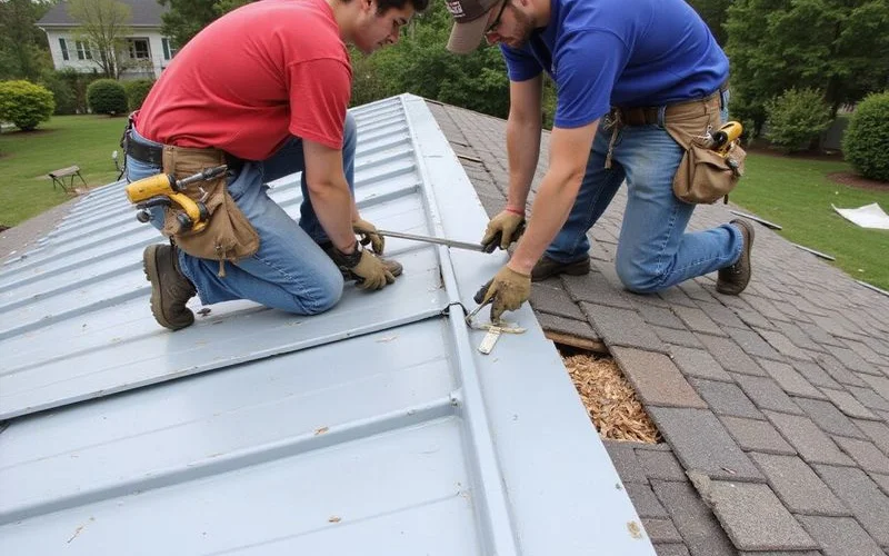 Metal roof installation in progress with workers securing standing seam panels
