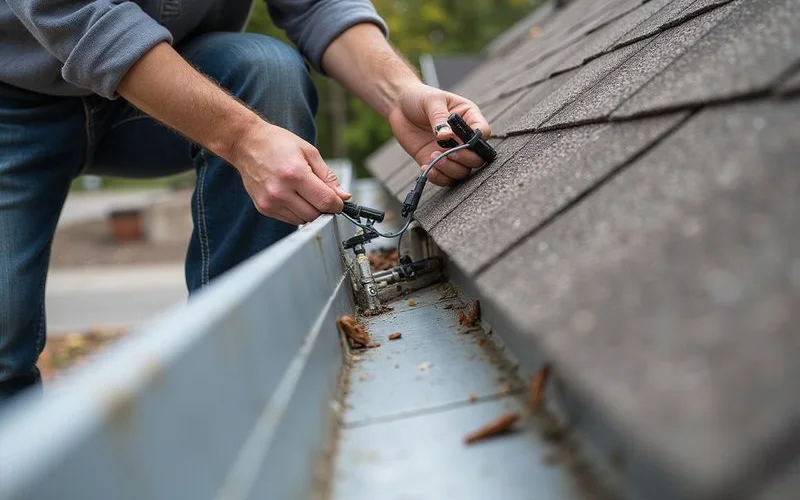 Professional installing heated cable system along roof eaves and gutters for ice dam prevention