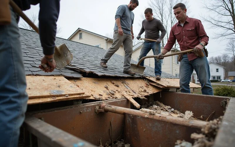 Rooferly crew carefully removing old roofing material and inspecting the roof deck underneath on a Saratoga Springs residential property