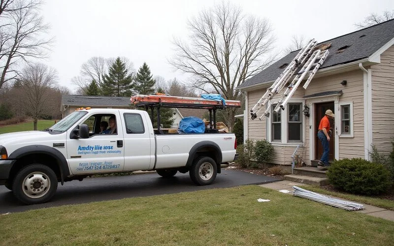Rooferly emergency response vehicle arriving at a Saratoga Springs home with storm damage showing urgency and professionalism of the emergency tarping service