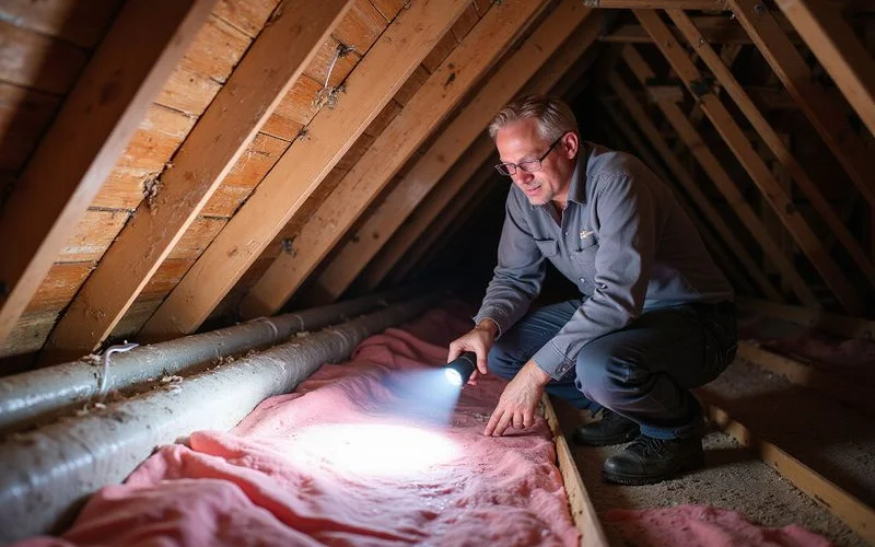 Rooferly inspector in an attic space checking ventilation baffles and insulation depth near the soffit to ensure proper airflow and energy efficiency