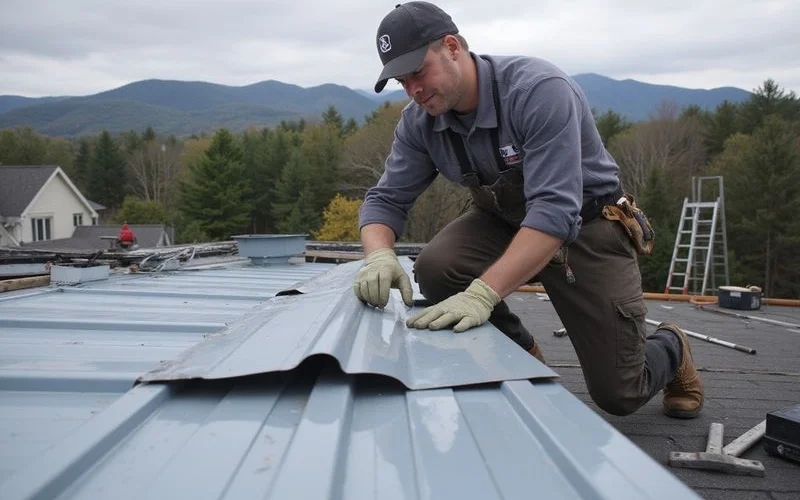 Rooferly metal roofing installer carefully aligning and fastening a standing seam panel on a Saratoga Springs home with snow covered mountains visible in background