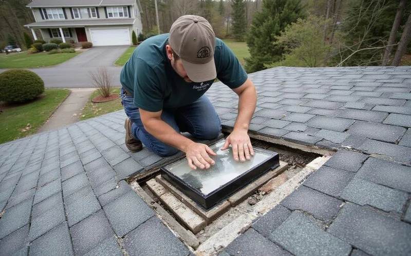 Rooferly professional inspecting deteriorated flashing around a skylight on the exterior of a Saratoga Springs home as part of leak detection service