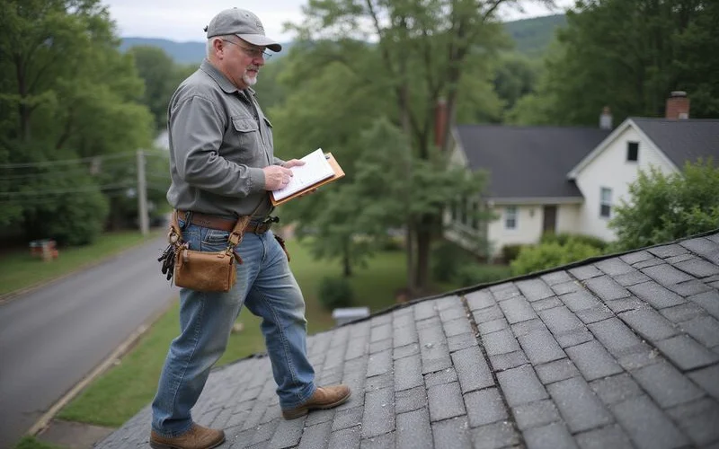 Rooferly roof inspector walking across a residential roof surface carefully examining each section of shingles and flashing with a clipboard and camera