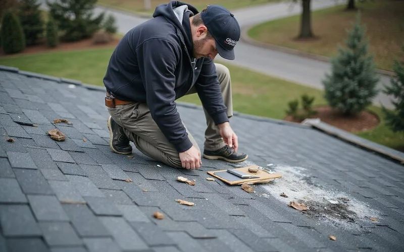 Rooferly roofing professional carefully documenting hail and wind damage on a roof surface with photos and measurements for an insurance claim report