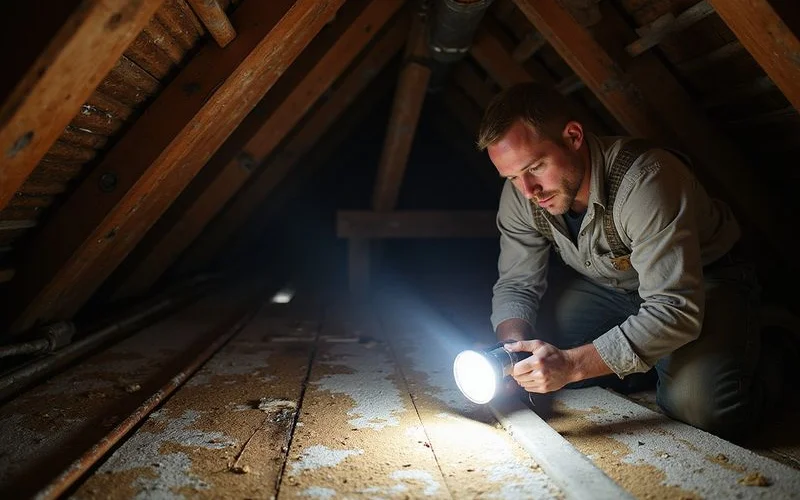 Rooferly technician inside an attic space using a flashlight to trace water stain trails along the underside of the roof deck sheathing boards
