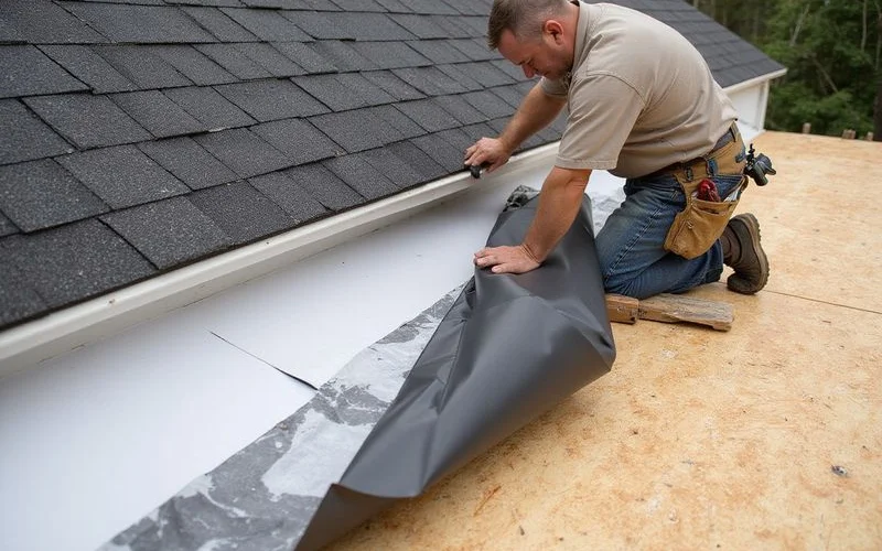 Contractor installing ice and water shield membrane along roof eaves for winter protection