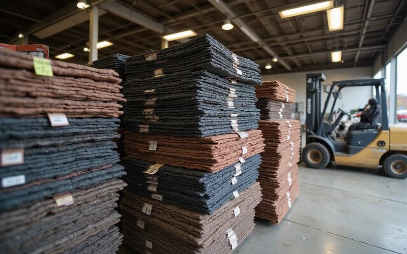 Bundles of asphalt shingles in various colors at a roofing supply warehouse