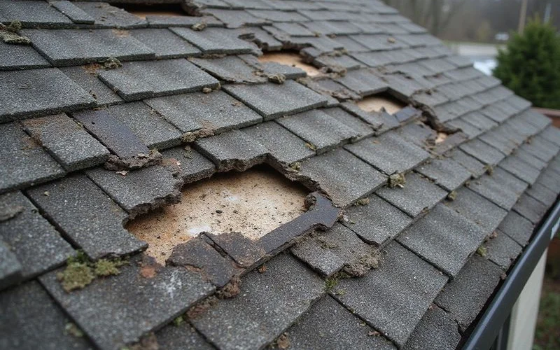 Wide view of an aging roof with widespread deterioration and multiple visible patches