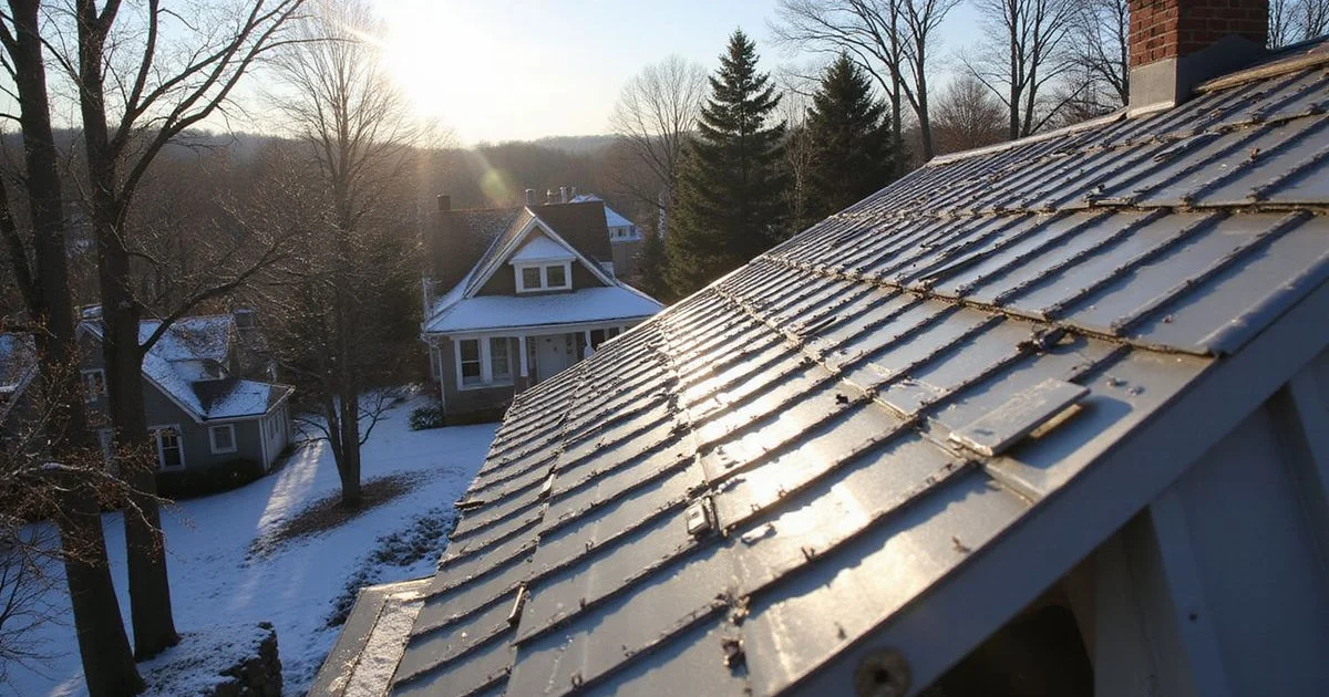 Standing seam metal roof on a Saratoga Springs home gleaming after fresh snowfall